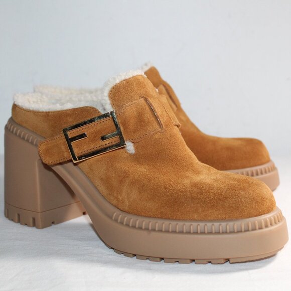 NWOB FENDI Shearling Feel Buckled Heels Slip Ons Mules Clogs Suede Leather 38 - Picture 3 of 8